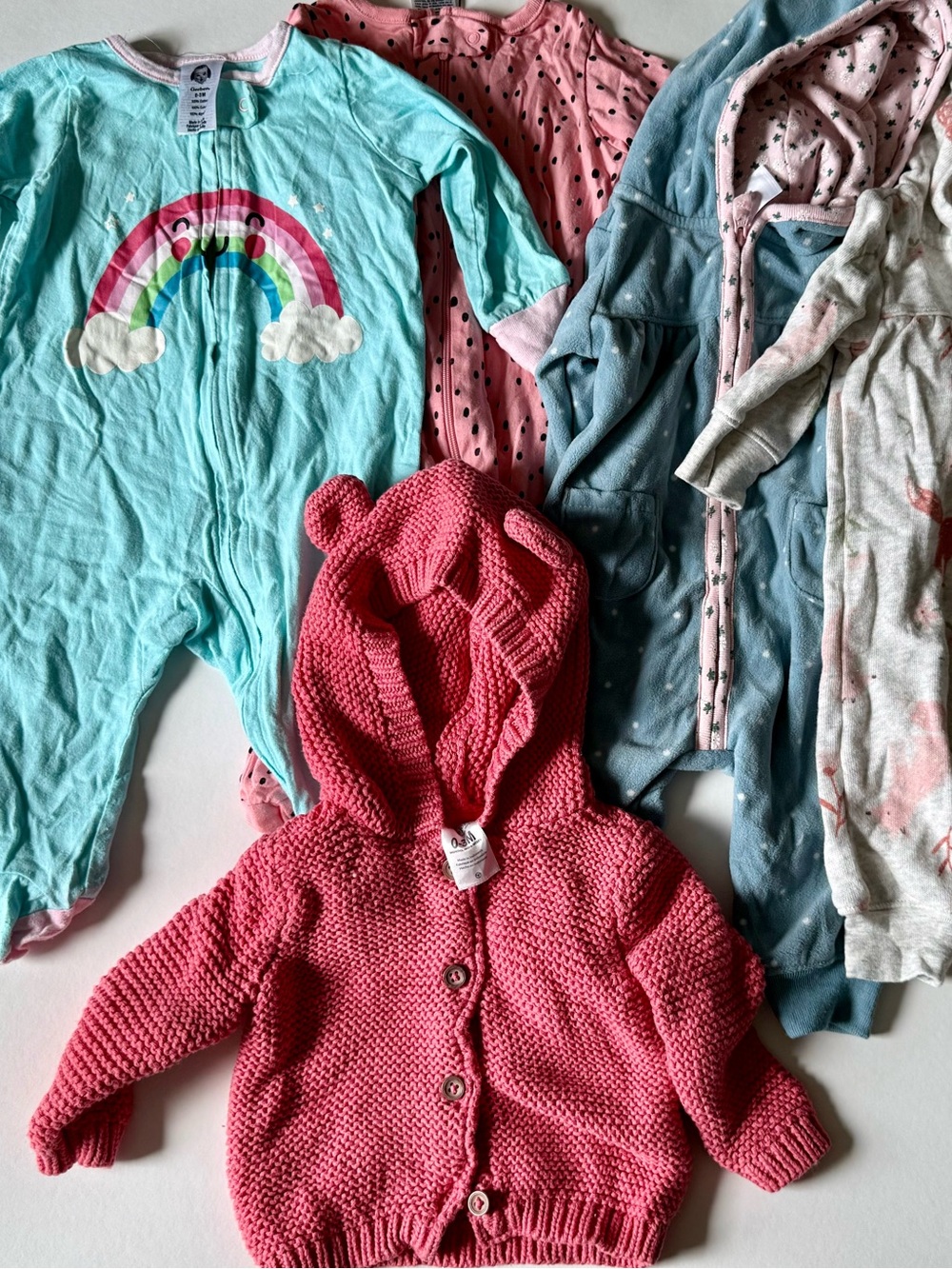 0-3 months bundle Hooded Cardigan, footed pajamas & Assorted Pastel One-Pieces